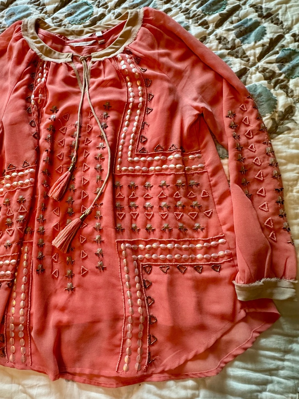 Soft Surroundings Coral and Beige Beaded Blouse